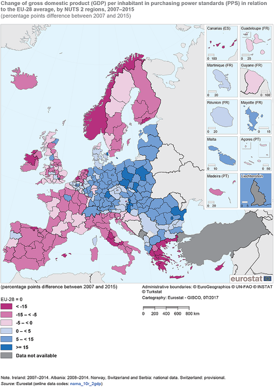 Eurostat - Groei BBP per regio 2007 - 2015 Eurostat - Groei BBP per regio 2007 - 2015
