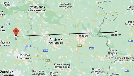 Wel de 150 kilometer uit het verhaal: Bakhmut- 15 km over RU grens Wel de 150 kilometer uit het verhaal: Bakhmut- 15 km over RU grens
