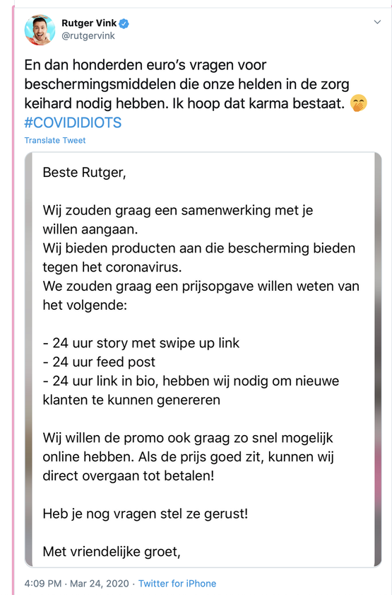 Zelfde Rutger Vink klaagt ook over mensen verdienen aan corona