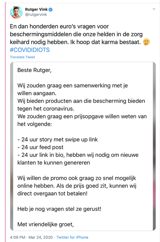 Zelfde Rutger Vink klaagt ook over mensen verdienen aan corona Zelfde Rutger Vink klaagt ook over mensen verdienen aan corona
