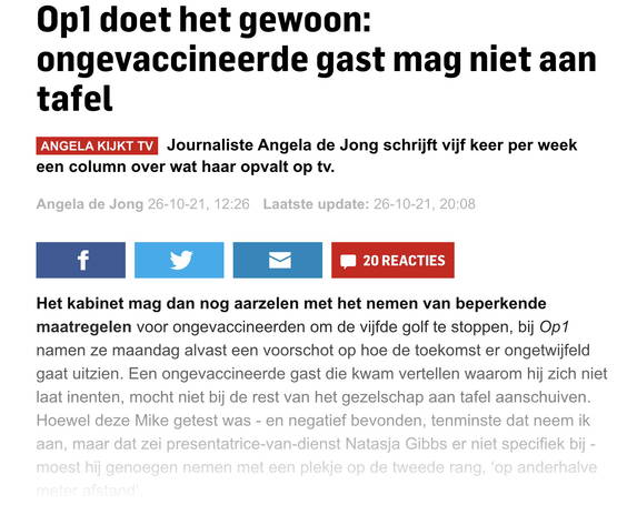 Op1-gast (hersteld, negatief getest) niet welkom aan tafel. Fragment na breek