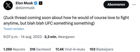 Als die draad er al komt staat er niks in want Elon ontwijkt gevecht, niet Mark