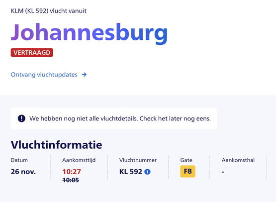 Update: aankomsttijd Zuid-Afrikaanse variant in Nederland - vrijdag half elf 