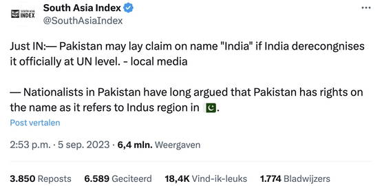 Pakistan claimt naam India (terecht en gepast, btw)