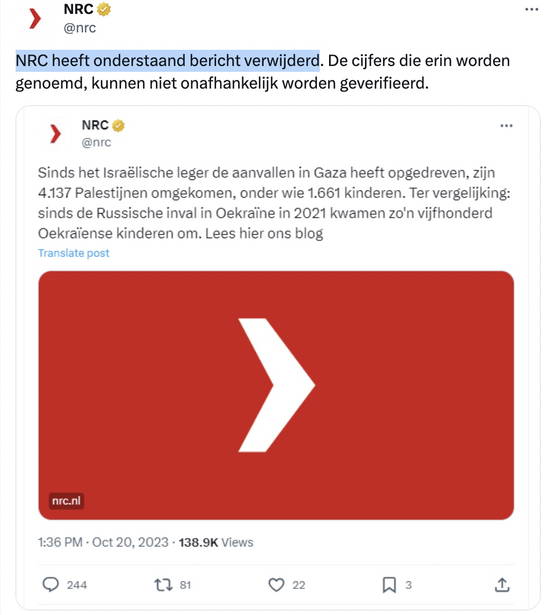 NRC 20 oktober: "NRC heeft onderstaand bericht verwijderd"