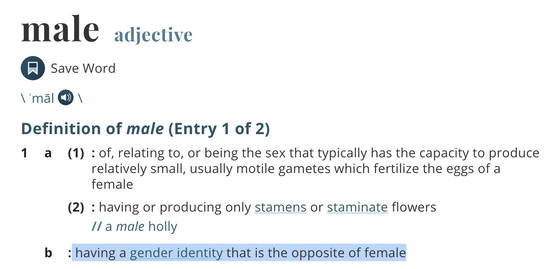"having a gender identity that is the opposite of female" "having a gender identity that is the opposite of female"