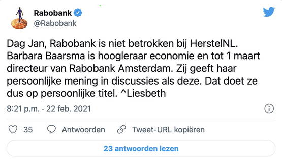 Op 1 maart 2021 kreeg Barbara Baarsma een nieuwe baan. Bij de RABOBANK 