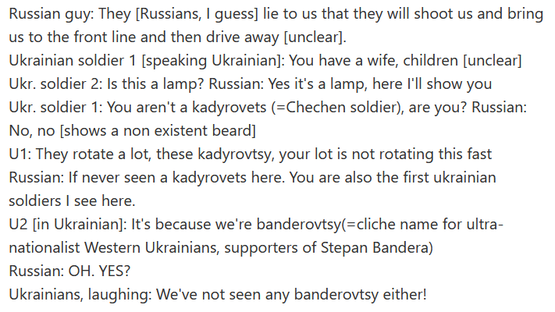 UKR soldaten maken geintje met Rus POW: "We zijn Banderovtsy - geintje"