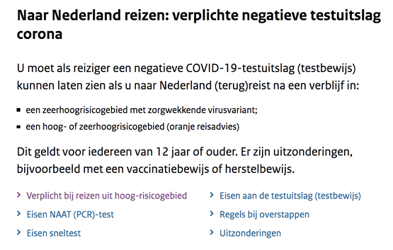 Na klikken op de link: niets over bewijs van vaccinatie